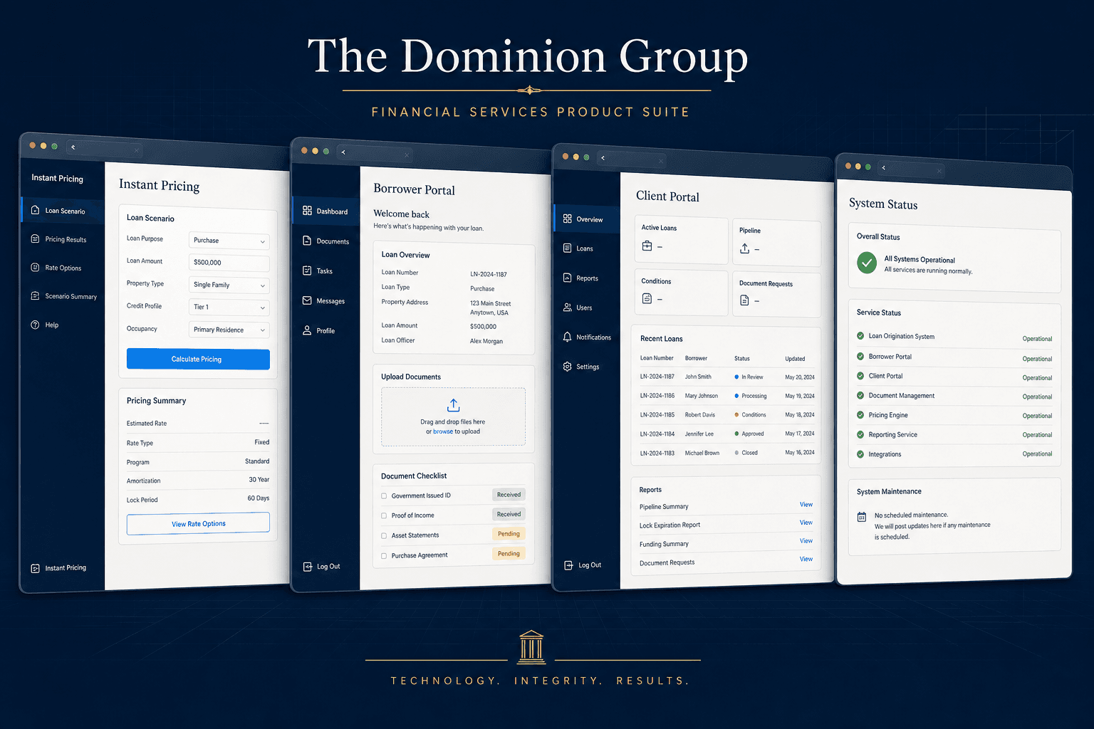 Concept composite of Instant Pricing, borrower portal, client portal, and system status interfaces